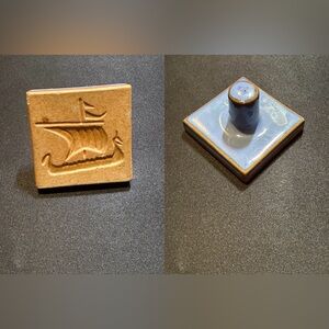 Vintage Blue Ceramic Tile Cookie Press Stamp with Viking Ship Design